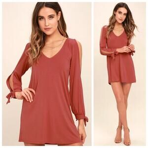 Lulu's Glory of Love Rusty Rose Shift Dress Long Sleeve V Neck Dress Size Medium